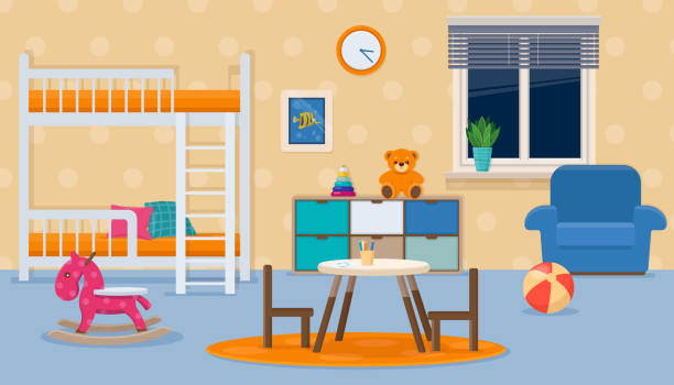 ilustraciones, imágenes clip art, dibujos animados e iconos de stock de interior del dormitorio para niños con muebles y juguetes - domestic room child furniture nobody