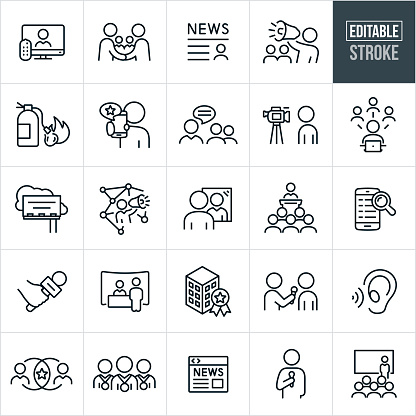 A set of public relations icons that include editable strokes or outlines using the EPS vector file. The icons include business people engaged in public relations type activities. They include the press, interviews, client and public relations, media, person with bullhorn, news article, putting out fires, online reviews, person on camera, business person doing social media, billboard, company identity, PR person giving presentation, company perception, business award, awards to employees, online news and other related icons.