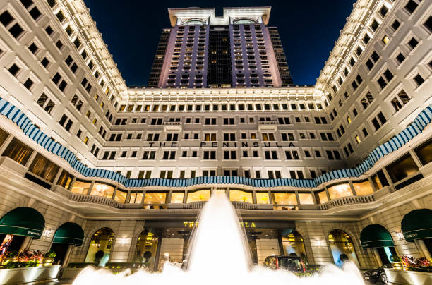 Hong Kong - July 17, 2019: The Peninsula Hotel Hong Kong, located in Tsim Sha Tsui, Kowloon, Hong Kong, is the flagship property of the Peninsula Hotels group.