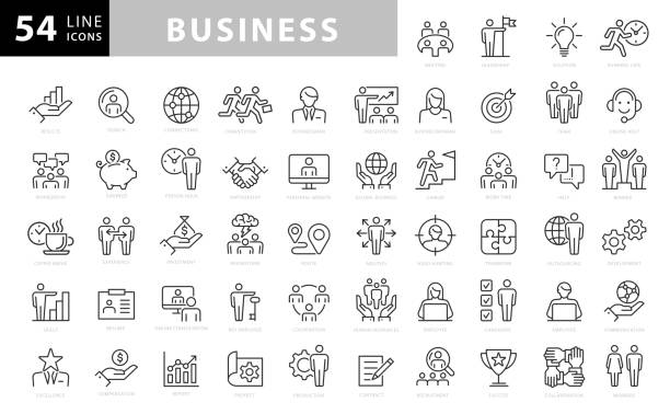 비즈니스 라인 아이콘입니다. 편집 가능한 스트로크입니다. 픽셀 완벽한. 모바일 및 웹용. 악수, 목표 목표, 계약, 영감, 시작과 같은 아이콘이 포함되어 있습니다. - 남자 사업가 이미지 stock illustrations