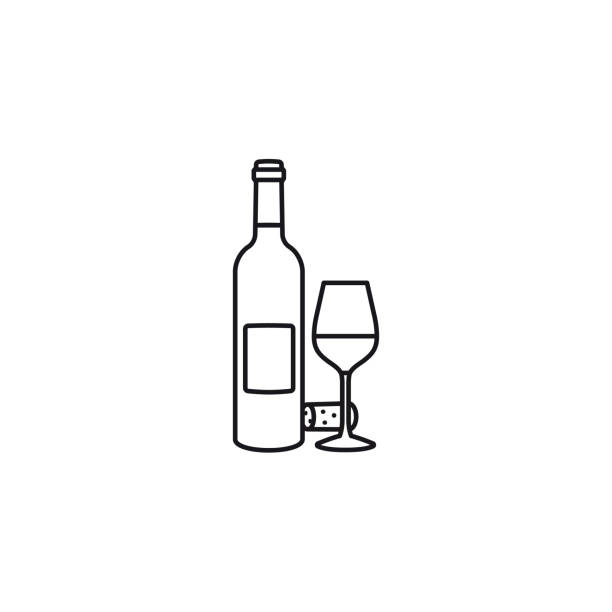 Wine bottle and glass vector icon Wine bottle and wine glass vector line icon. Isolated beverage outline symbol. wine bottle stock illustrations