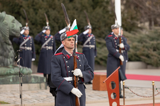 Sofia, Bulgaria - March 03, 2020: Parade marking the liberation of Bulgaria from the Ottoman yoke. Liberation Day on monument of The Unknown warrior. March 03, 2020 in Sofia, Bulgaria.