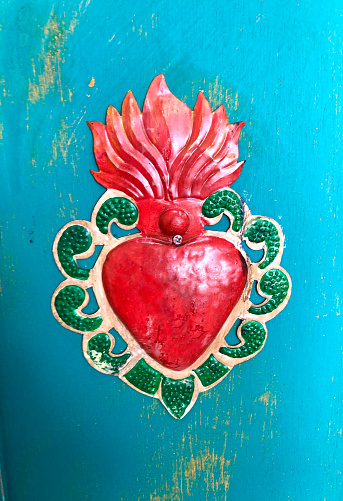 Vintage Mexican Tin Heart; Turquoise Background