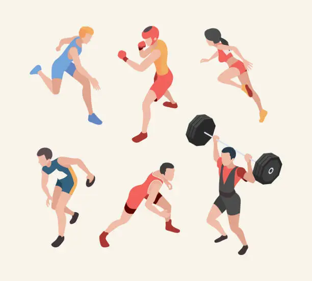 Vector illustration of Sports characters. Isometric olympic games players runners jumpers weightlifting cycling vector sport