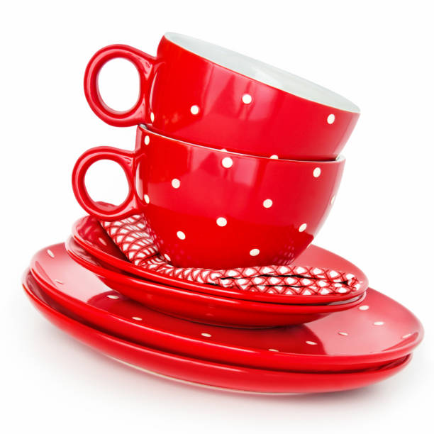 istock Set of dishes two red cups and plates 1210155223