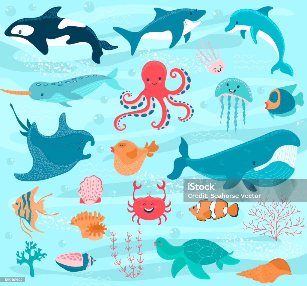 Ilustración de Animales Marinos Vector Dibujos Animados Personajes Del Océano Cangrejo Pulpo Divertido Y Ballena Submarina Ilustración Marina Conjunto Peces Lindos Rayas Medusas Felices Y Fondos Marinos De Delfines Con Conchas Corales Ilustración de Animales Marinos Vector Dibujos Animados Personajes Del Océano Cangrejo Pulpo Divertido Y Ballena Submarina Ilustración Marina Conjunto Peces Lindos Rayas Medusas Felices Y Fondos Marinos De Delfines Con Conchas Corales