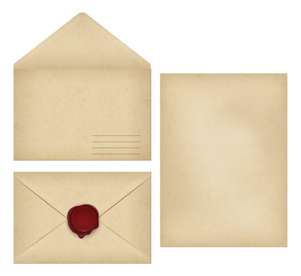 vintage umschlag, briefpapier, wachs siegel flache set - old envelope stock-grafiken, -clipart, -cartoons und -symbole