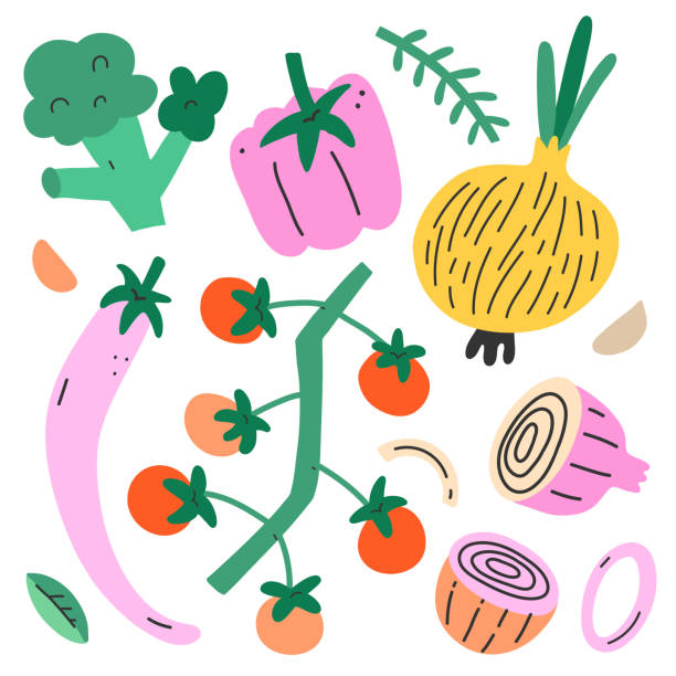 ilustraciones, imágenes clip art, dibujos animados e iconos de stock de conjunto de verduras, colección de verduras orgánicas de garabato lindo, ilustración vectorial aislada de ajenjo, cebolla y rama de tomate dulce de cereza, cultivo fresco maduro, alimentos enteros saludables - vegan food illustrations