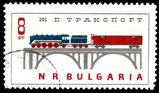 Bulgaria - CIRCA 1964: Postage stamps issued in Bulgaria dedicated to railway transport showing steam and electric locomotives from old to modern, circa 1964