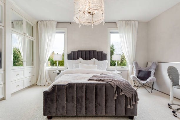 istock master bedroom in new luxury home with chandelier, windows, and throw 1210163665