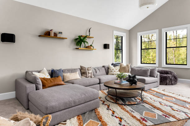 hermoso interior de la sala de estar con alfombra de área colorida, sofá grande, y abundante luz natural - alfombra fotografías e imágenes de stock