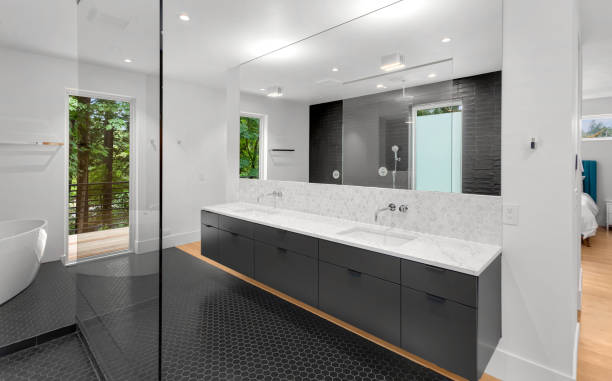 더블 세면대, 거울, 캐비닛이있는 새로운 고급 주택의 아름다운 현대 욕실 인테리어 - glass showcase interior bathroom shower 뉴스 사진 이미지
