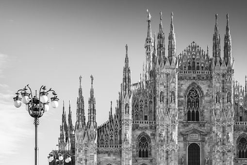 Milan Cathedral facade. Lombardy, Italy. Black and white photo