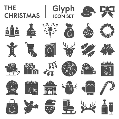 Christmas solid icon set. Winter holiday symbols collection, vector sketches, logo illustrations, web signs, glyph style pictograms package for mobile concept and web design. Vector graphics