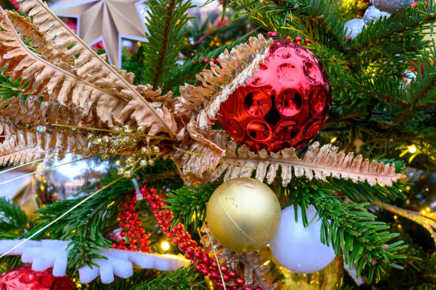 istock Christmas decorations with balls and flower 1210164981