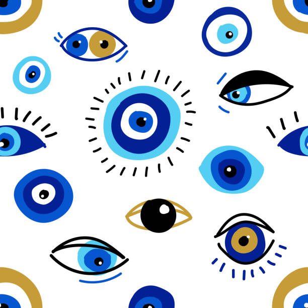 ilustrações, clipart, desenhos animados e ícones de padrão perfeito com olhos malignos, talismãs diferentes na mão desenhadodesign plano, estilo moderno contemporâneo moderno da moda - grécia ilustrações