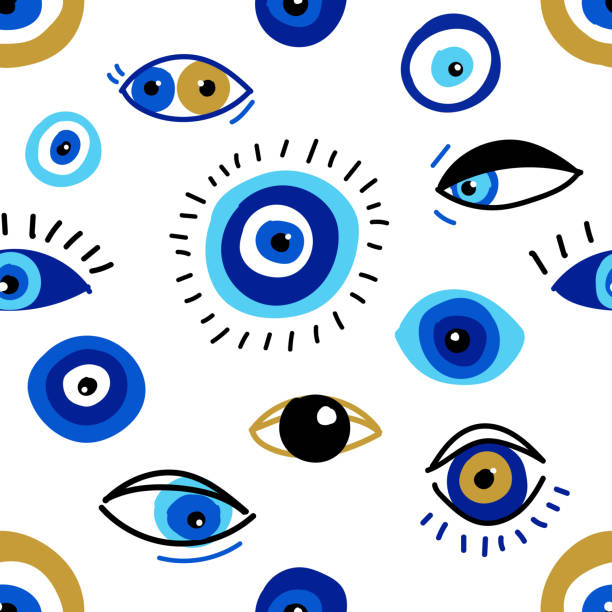 Seamless pattern with evil eyes, different talismans in hand drawn flat design, contemporary modern trendy style Seamless pattern with evil eyes, different talismans in hand drawn flat design, contemporary modern trendy style, vector illustration greece illustrations stock illustrations