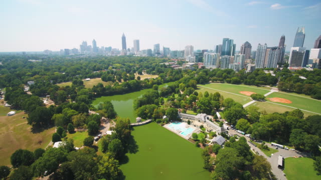 Atlanta Aerial v319 Flying low over Piedmont Park sunny full cityscape