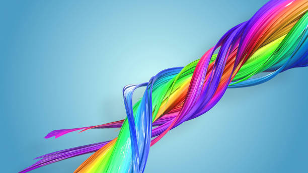 istock Abstract rainbow color ribbon twisted into a circular structure on a blue background. Beautiful multicolored ribbon glitters brightly. creative design of abstract 3d object 1210167090