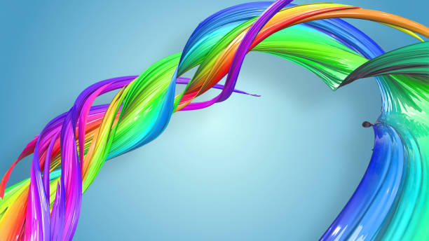 istock Abstract rainbow color ribbon twisted into a circular structure on a blue background. Beautiful multicolored ribbon glitters brightly. creative design of abstract 3d object 1210167240