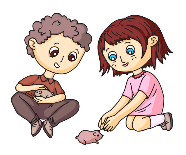 햄스터 또는 기니 피그와 놀고있는 소년과 소녀 - rodent hamster small apartment stock illustrations