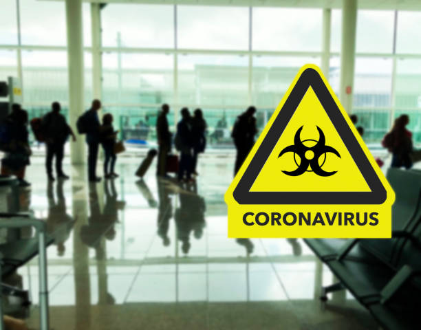 Airport terminal and coronavirus sign Coronavirus, Exclusion, Travel, dystopia concept photos stock pictures, royalty-free photos & images