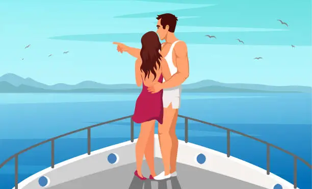 Vector illustration of Man and woman in love enjoy view from ship deck