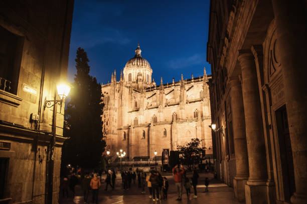 The cathedral building in Salamanca, Spain, illuminated at nitght