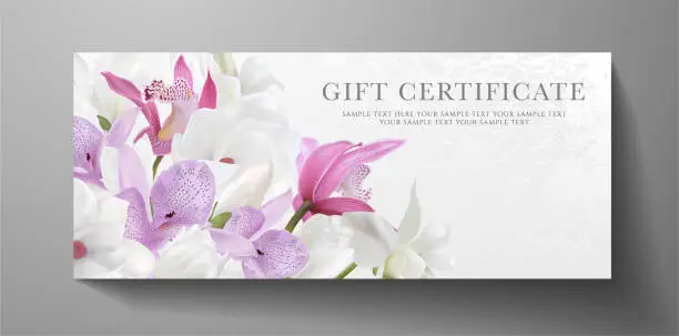 Vector illustration of Gift certificate, voucher design for VIP invite. White background with orchid, magnolia flowers bouquet.