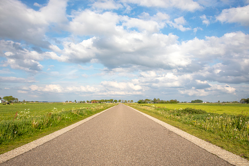 Road in Holland countryside, perspective, under cloudy skies and between green meadows and a faraway straight horizon.