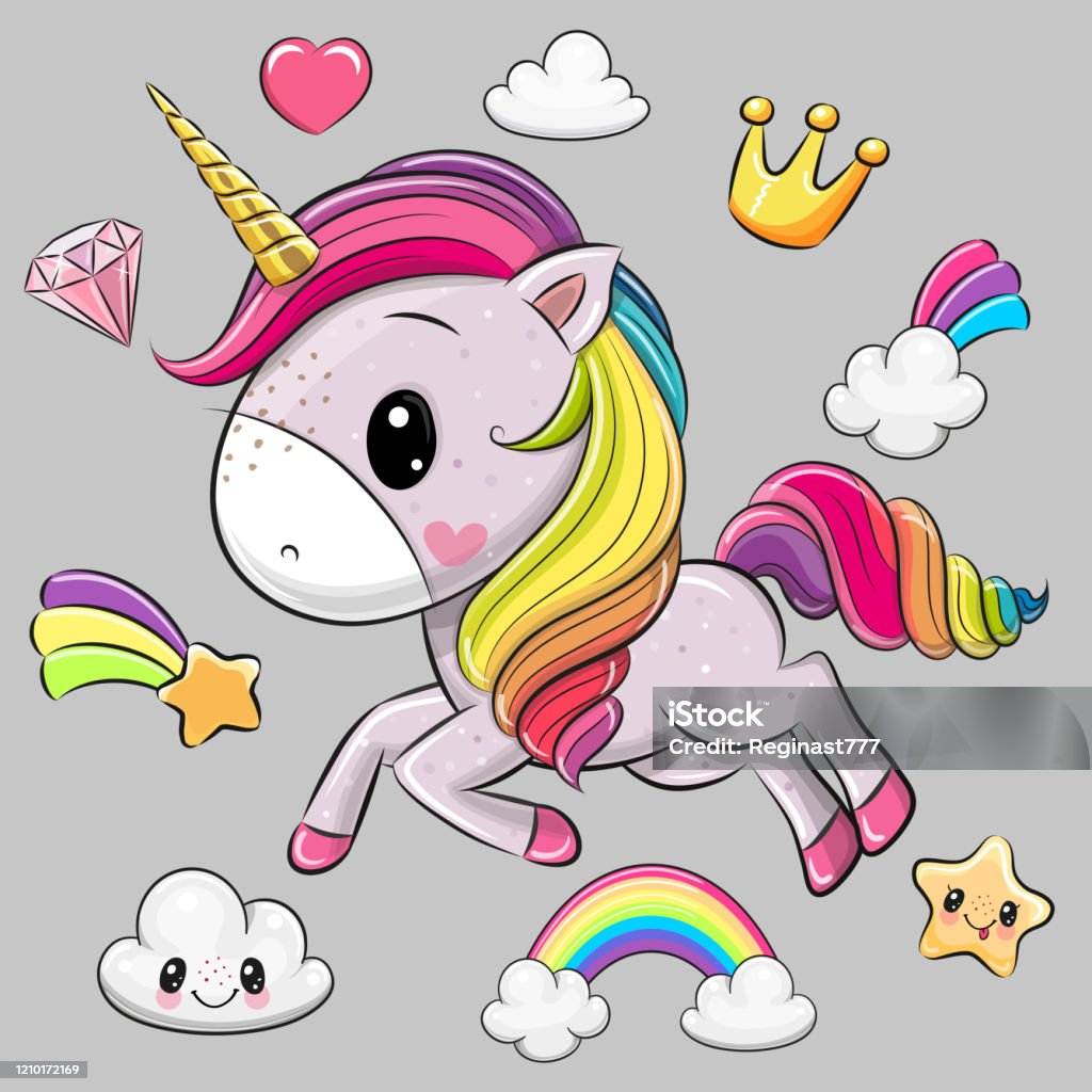 Cartoon Unicorn And Set Of Cute Design Elements Stock Illustration -  Download Image Now - Princess, Unicorn, Rainbow - iStock