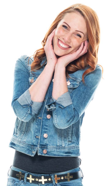 istock Caucasian female standing in front of white background wearing double denim 1210173191