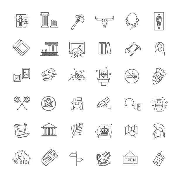 museum icons set. museum exhibits collection. Thin line design Historical museum vector icons set historical museum stock illustrations