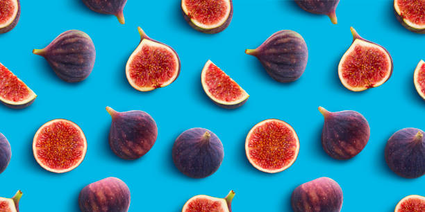 istock Fresh figs seamless pattern on blue color background, flat lay, top view 1210180194