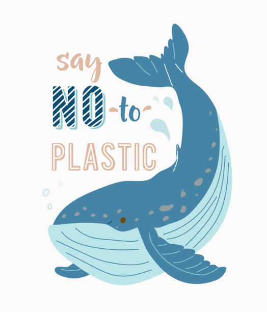 ilustraciones, imágenes clip art, dibujos animados e iconos de stock de cartel ecológico para un estilo de vida ecológico. bonita ballena oceánica con gotas de agua y texto de cita motivacional. di no al plástico. ilustración vectorial aislada en blanco - animal planet sea life