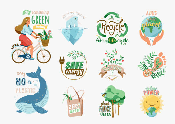 illustrations, cliparts, dessins animés et icônes de écologie et recyclage des devis ensemble. enregistrer l’illustration de vecteur d’environnement dans le modèle plat de dessin animé avec la terre, fille sur le vélo, plante de nature, baleine, ours polaire. slogan pour le mode de vie écologique re - animal powered vehicle