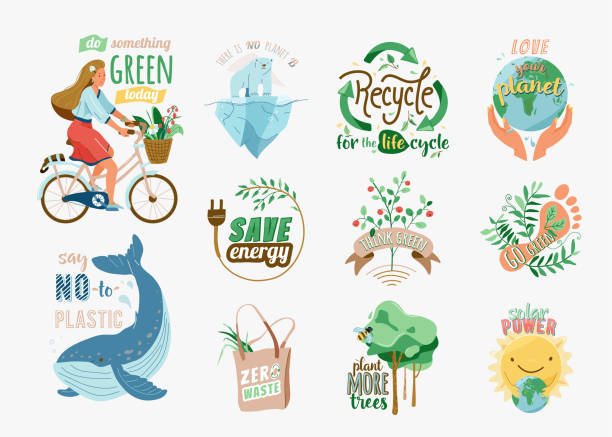 ekologia i recykling cytaty zestaw. zapisz ilustrację wektorową środowiska w płaskim stylu kreskówki z ziemią, dziewczyną na rowerze, rośliną przyrodniczyą, wielorybem, niedźwiedziem polarnym. fraza sloganu dla zielonego ekologicznego stylu życ - save the planet stock illustrations