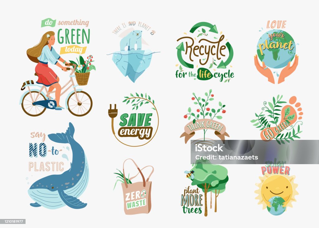 Ecology And Recycle Quotes Set Save Environment Vector Illustration In Flat  Cartoon Style With Earth Girl On Bike Nature Plant Whale Polar Bear Slogan  Phrase For Green Eco Friendly Lifestyle Stock Illustration -