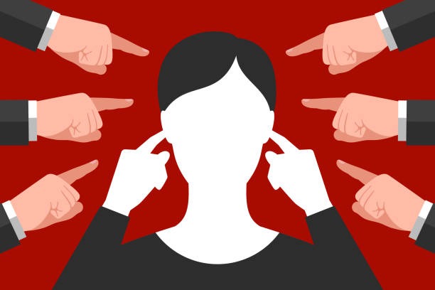 Woman is plugging ears with fingers, not wanting to hear directives Woman is plugging her ears with index fingers, not wanting to hear advices, recommendations and directives, many pointing gestures are around. Concept of social pressure or pressure at work hands covering ears stock illustrations