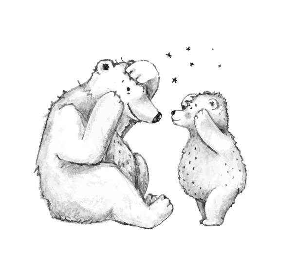 ilustraciones, imágenes clip art, dibujos animados e iconos de stock de teddy bear madre o padre con la familia de los cachorros jugando juntos dibujos animados de dibujos animados de dibujos animados en blanco y negro. - bear teddy bear characters hand drawn