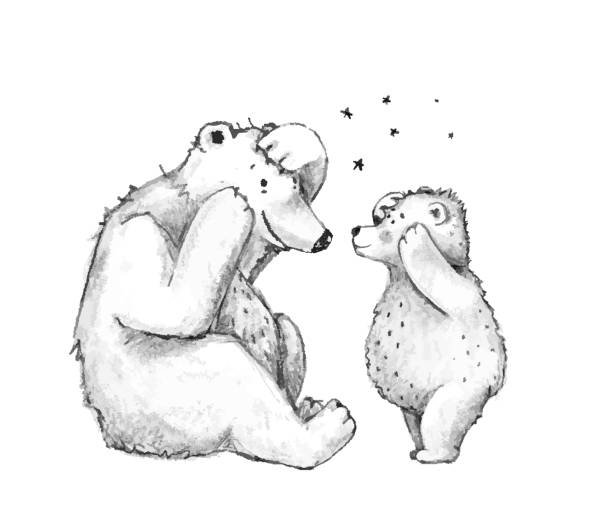 teddy bear matka lub ojciec z rodziny cub gry razem czarno-biały szkic kreskówki. - bear teddy bear characters hand drawn stock illustrations