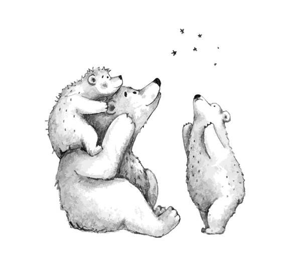 teddy bears cute szkic rodziny stargazing oglądania gwiazd ręcznie rysowane szkic kreskówki clipart. - bear teddy bear characters hand drawn stock illustrations