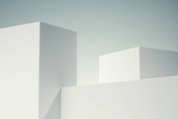 白い最小限の建物の3dイラスト - 立方体 ストックフォトと画像