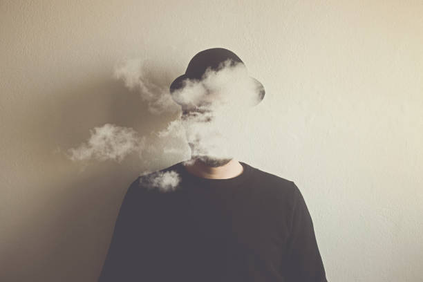 surreal man head in the clouds, abstract concept - psyche imagens e fotografias de stock