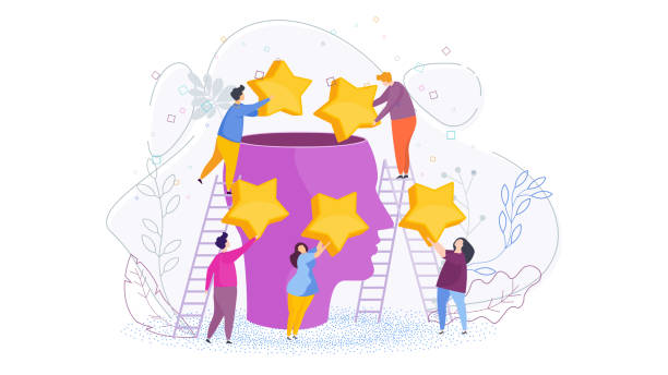 Create Positive Image. Tiny people put stars in a huge head. Create Positive Image. Brand building. Tiny people put stars in a huge head. High rating in the field of activity. Good reviews from customers, colleagues and employees. Flat vector illustration. improve memory stock illustrations