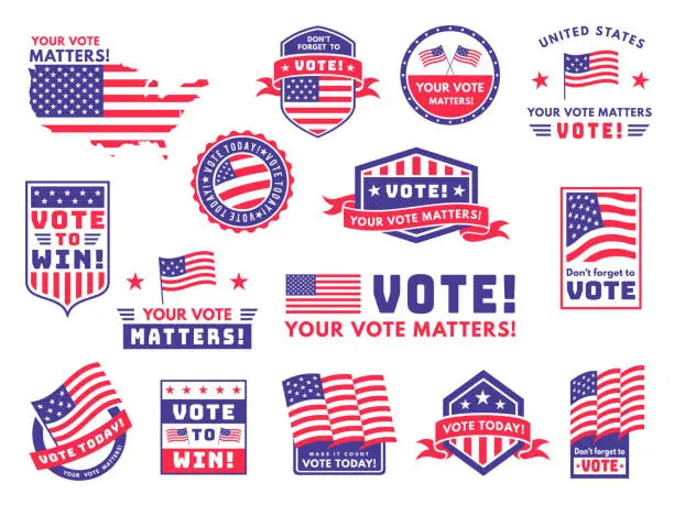 Vector illustration of Usa voting labels. American presidential election badges and vote stickers, encouraging political voting banners. Patriotic emblem vector set