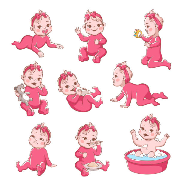 Baby girl. Cute infant with different emotions happy child, crying girls, smiling toddler sitting, playing and crawling vector characters Baby girl. Cute infant with different emotions happy child, crying girls, smiling toddler sitting, playing and crawling vector newborn characters and expressions potty mouth stock illustrations