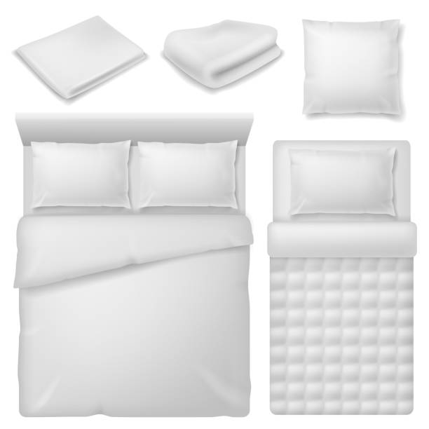 ilustraciones, imágenes clip art, dibujos animados e iconos de stock de ropa de cama realista. cama de vista superior con ropa de cama blanca, manta y almohadas, toalla doblada de algodón suave, juego vectorial textil para el hogar del dormitorio - duvet