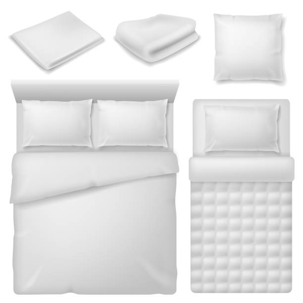 Realistic bedding. Top view bed with white bedding linen, blanket and pillows, soft cotton folded towel, bedroom home textile vector set Realistic bedding. Top view bed with white bedding linen, blanket and pillows, soft cotton folded towel, comfortable bedroom home textile vector set duvet illustrations stock illustrations