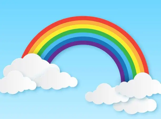 Vector illustration of Paper rainbow. Clouds and rainbow on sky origami style, wallpaper for childrens bedroom, baby room craft design colorful vector background